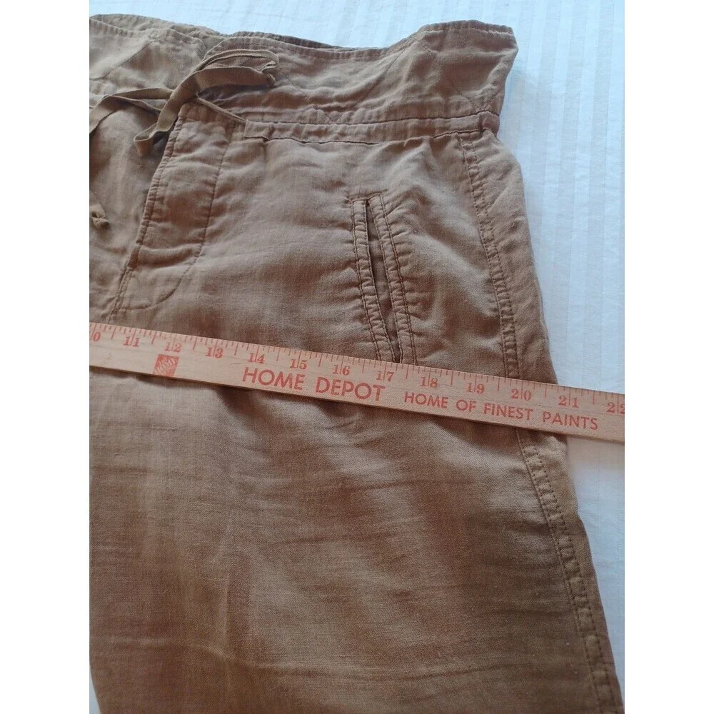 Zara brown linen tapered leg pants womens M paperbag waist button fly beach boho